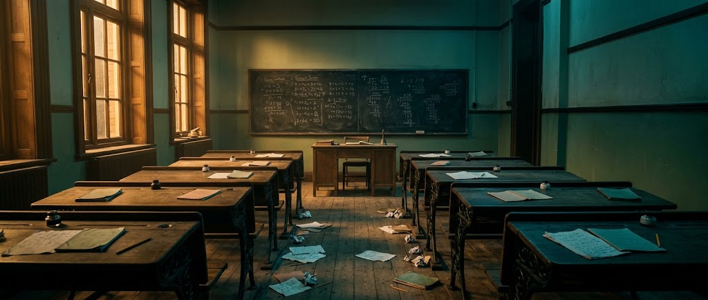 The schoolroom at dusk, homework papers scattered on the floor