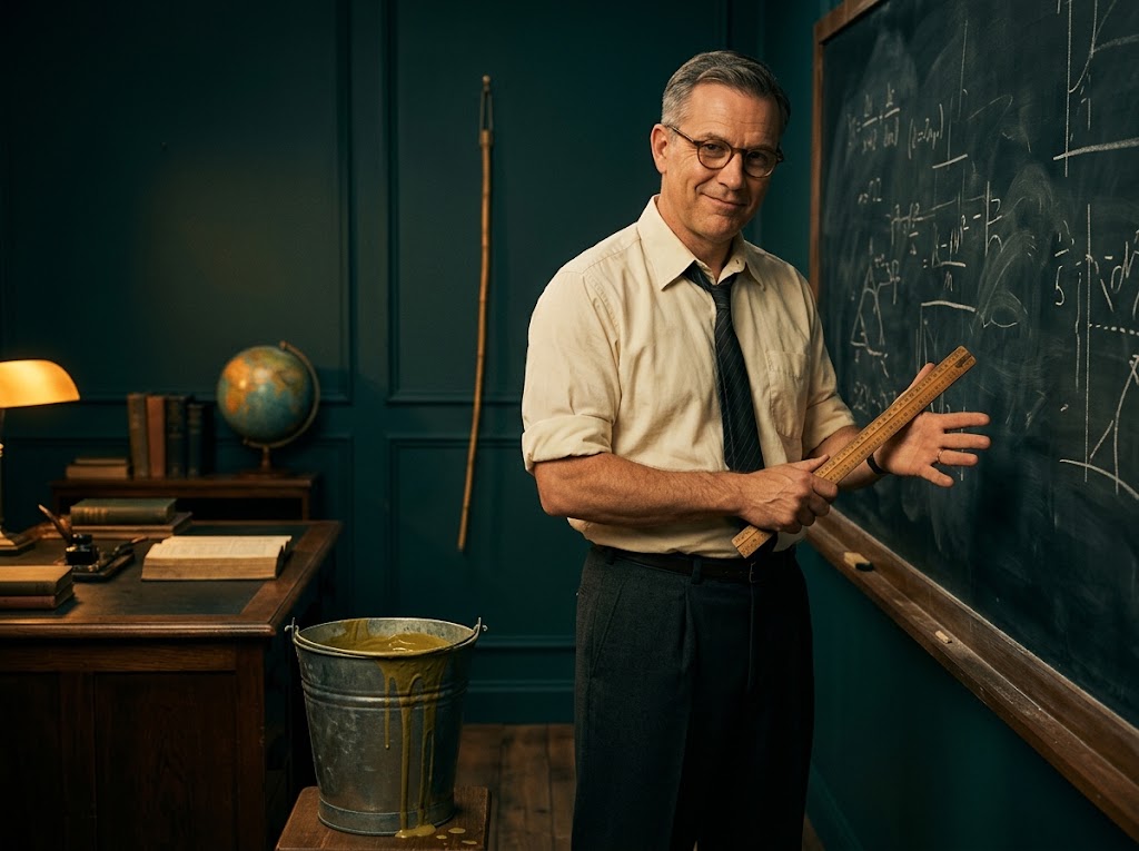 Mr Johnson beside the chalkboard, tapping a ruler against his palm