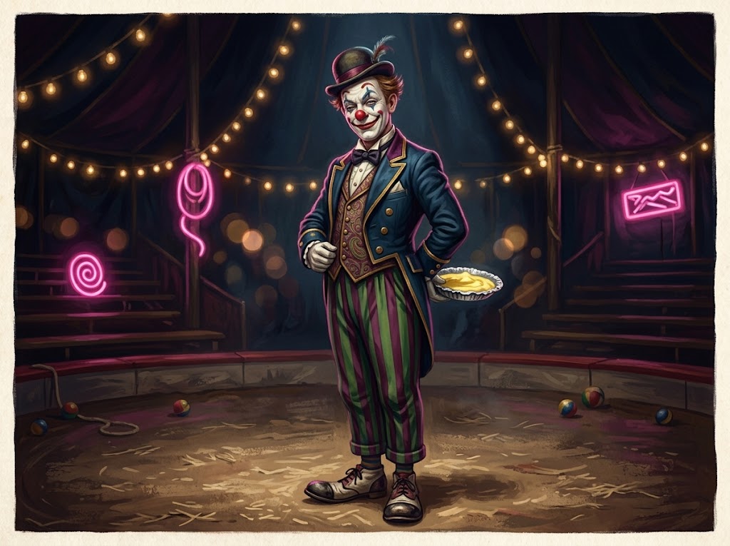 The clown, hiding a shaving-foam pie behind their back
