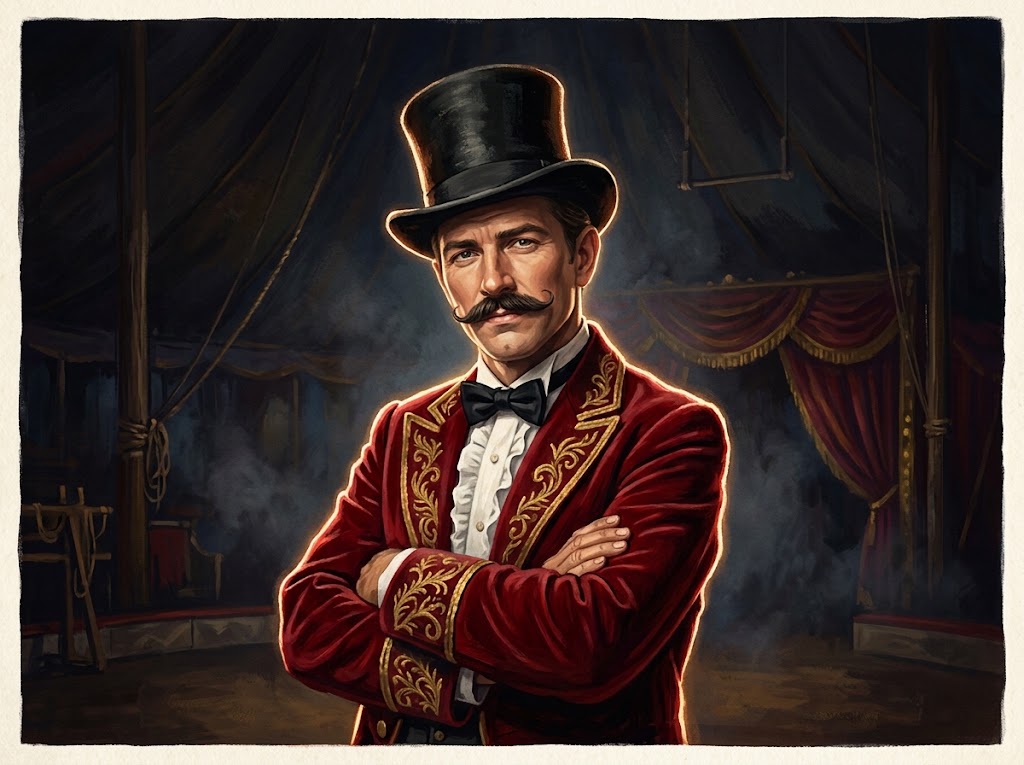 The ringmaster, arms folded, unimpressed